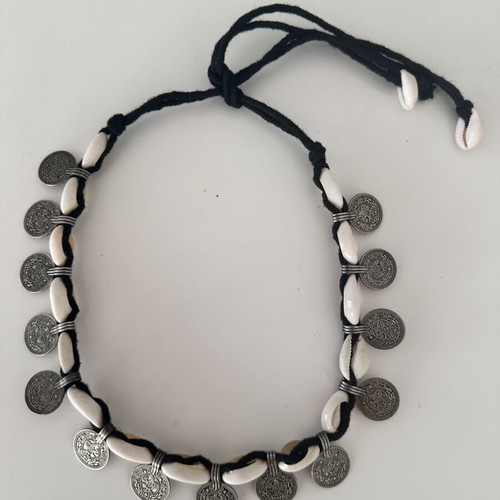 Boho choker necklace with natural cowrie shells and silver coins like new
