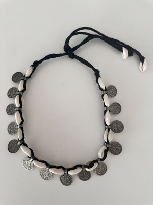 Boho choker necklace with natural cowrie shells and silver coins like new