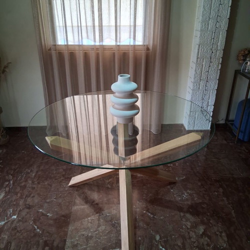 Dining table Φ120 glass and natural oak new
