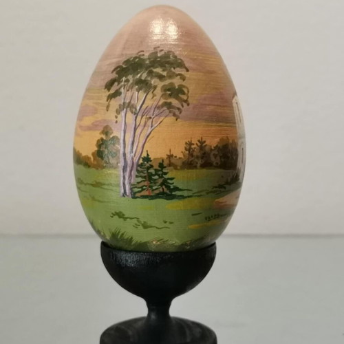 Russian egg used with hand-painted design and wooden base