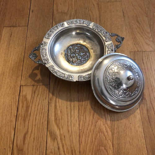 Antique Silver-Colored Covered Bowl used, decorative with embossed designs