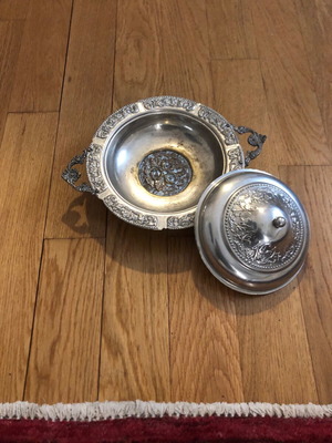 Antique Silver-Colored Covered Bowl used, decorative with embossed designs