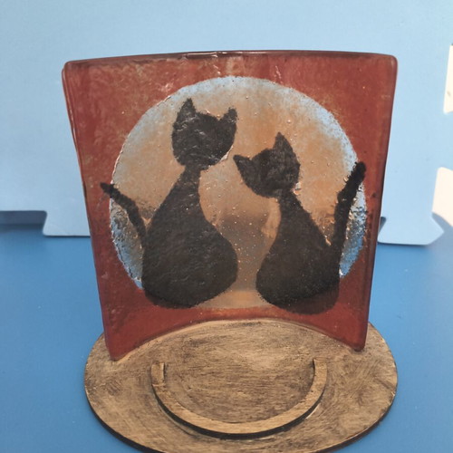 Decorative candle holder with cat design, glass and wood