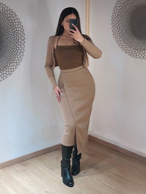 Beige skirt and cardigan set used with free brown top gift