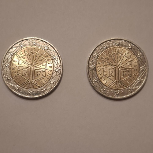 French 2 Euro Coins like new, 2020 and 2021 classic design