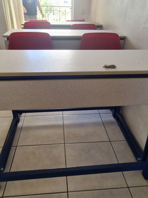 School desks used, pack of 5 with metal frame and red plastic seats