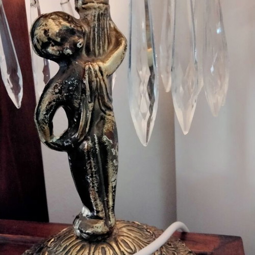 Vintage brass table lamp with cherub and hanging crystals