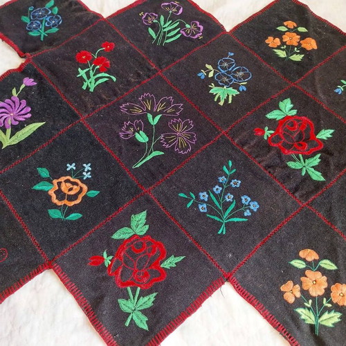 Handmade embroidered wall hanging used, floral patchwork carpet
