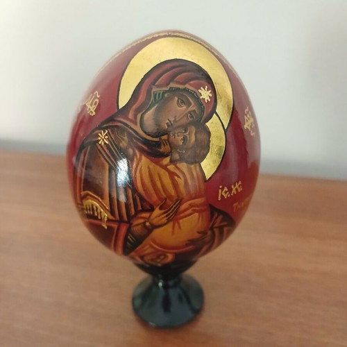 Hand-painted wooden egg with Virgin Mary and Christ, vintage from Russia