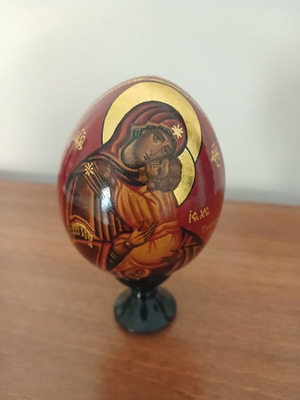 Handpainted wooden egg with Virgin Mary and Christ, vintage Russian art