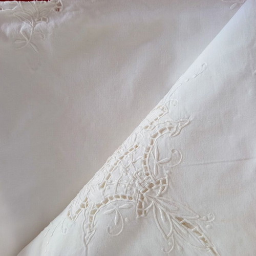 White Tablecloth with Embroidery and Cutwork used, 122x163 cm