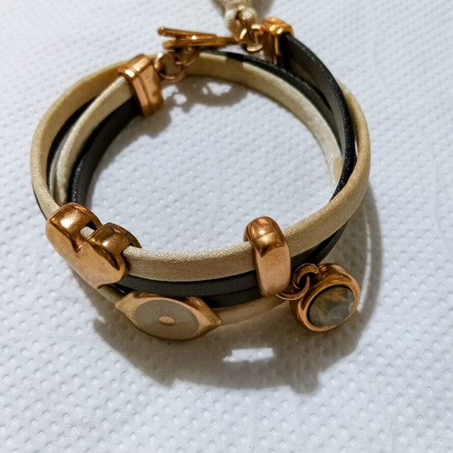 Leather bracelet Too Little double beige and black with gold details like new