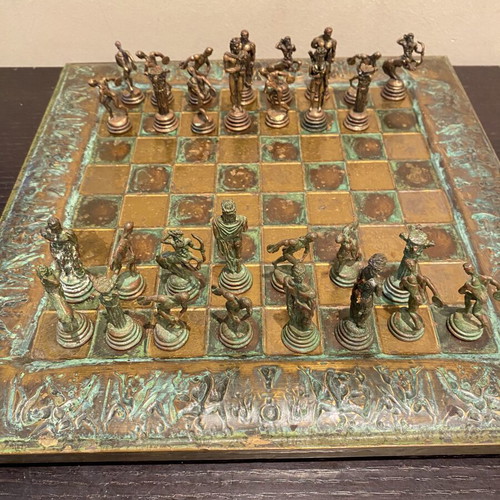 Handmade chess set with ancient Greek characters, vintage, used, missing 2 pieces
