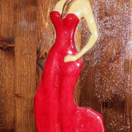 Ceramic relief wall decoration used, lady with red dress