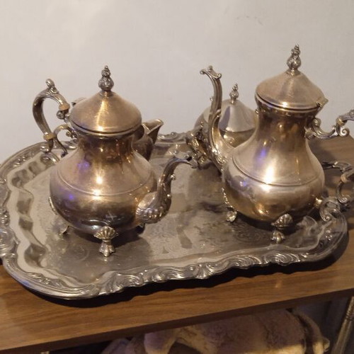 Silver-plated tea set 5 pieces with large tray F.B Rogers Lady Margaret like new