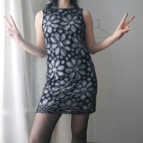 Promod Flower Power Space Age Mod Mini Dress like new, black and grey