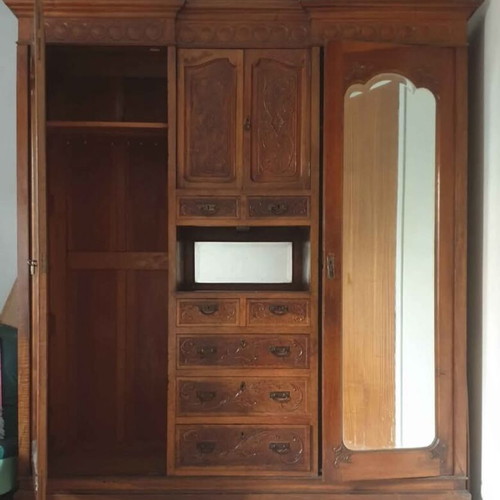 Handmade carved cabinet 1945, used, with mirror and drawers