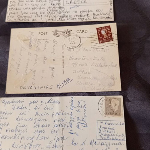 Postcards used, set of three with stamps and postmarks