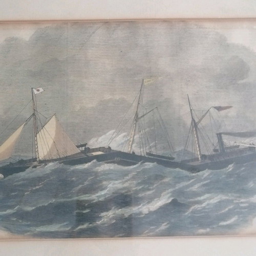 Woodcut painting The Jointed Iron Steam-ship Connector 1863 like new