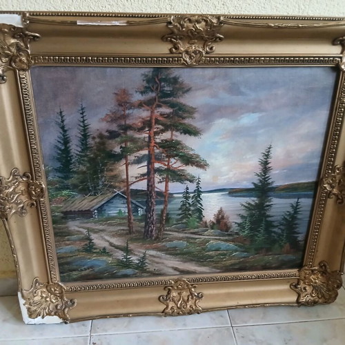 Oil painting on canvas used, landscape with lake and cabin in baroque frame
