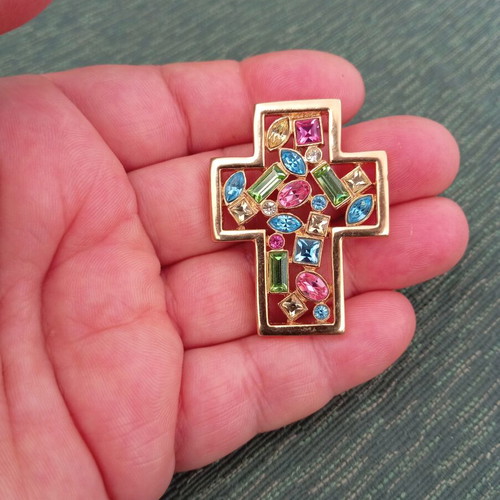 Kenneth Jay Lane vintage multi color mosaic cross pendant