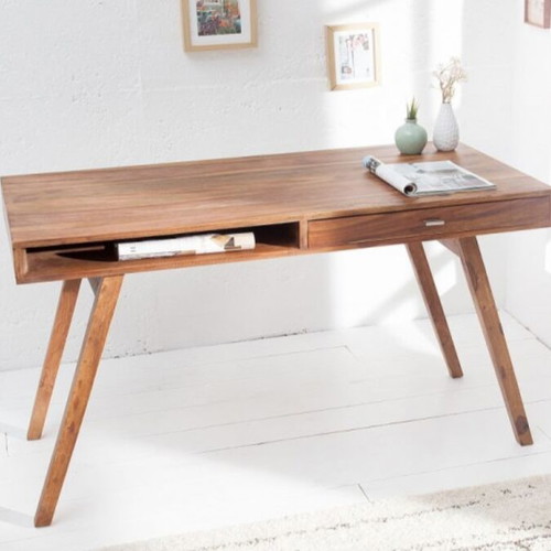 Retro desk brown solid sheesham wood with shelf and drawer
