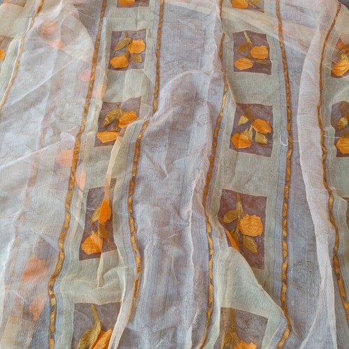 Curtains organza with embossed yellow flowers and orange stripes, new set of 2