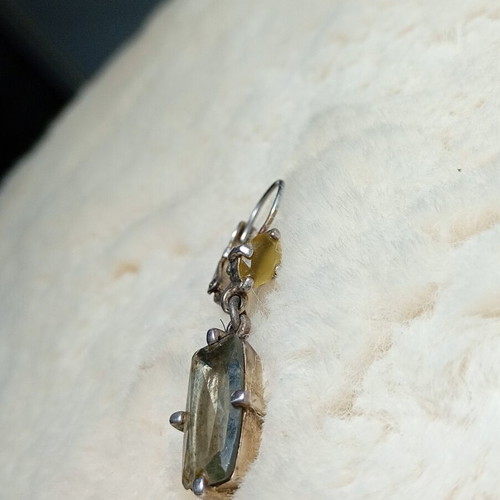 Silver earring with pale green stones, used, 100-year-old heirloom