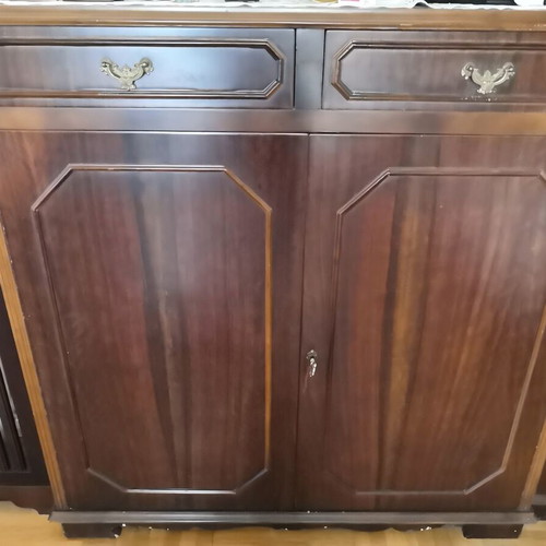 Classic handmade cabinet used, walnut finish, 2 drawers and double door