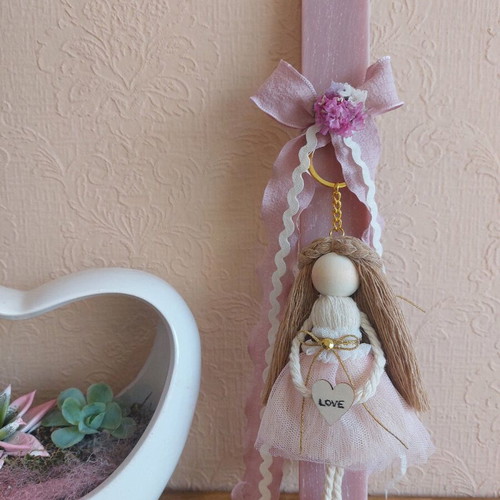 Scented candle with handmade macrame doll keychain new