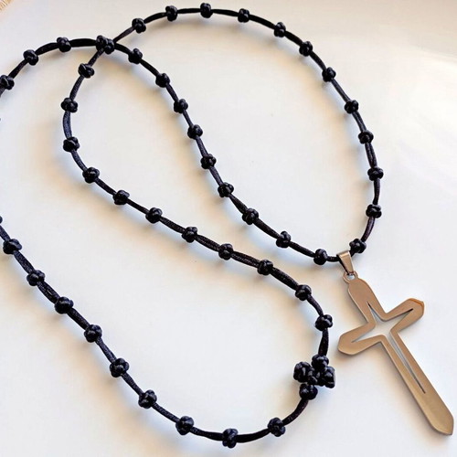 Cross rosary necklace handmade with black satin cord