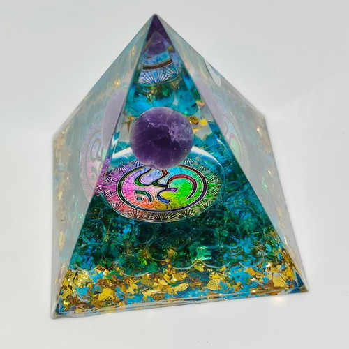 Orgonite pyramid with amethyst and Om symbol like new