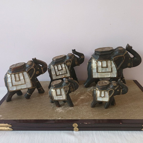 Handmade elephant statues like new from ebony and shell