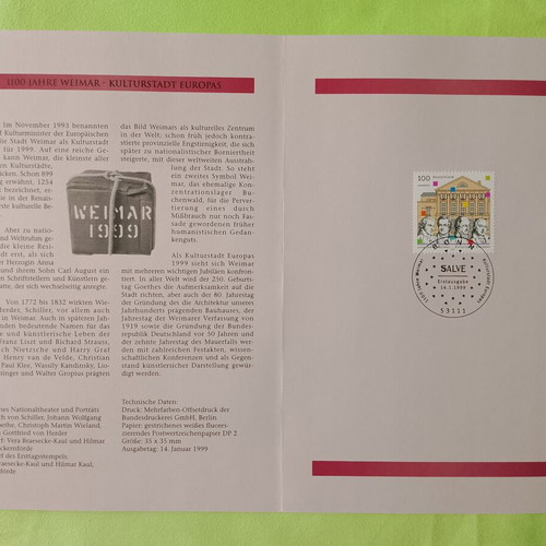 German 1999 postage stamps with Bonn first day cover