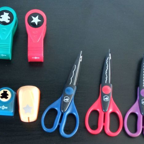 Scissors and craft punches used, set with 6 Henzo scissors, 2 JPC stamps, 5 JPC and Fiskars punches