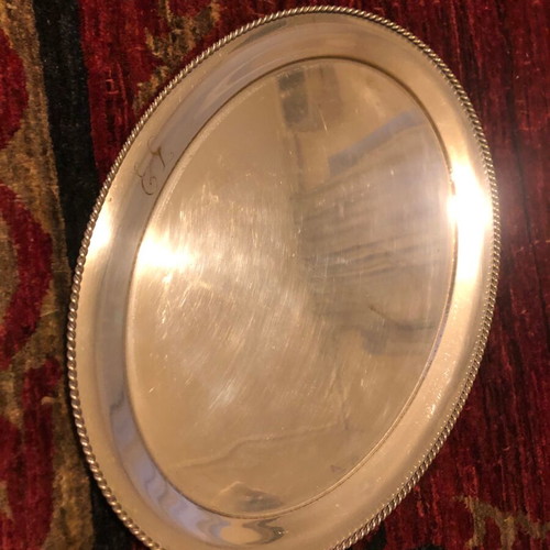 Oval silver-plated tray used with engraved monograms