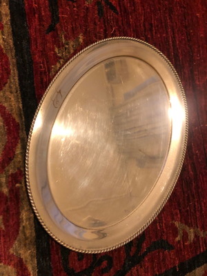 Oval silver-plated tray used with engraved monograms