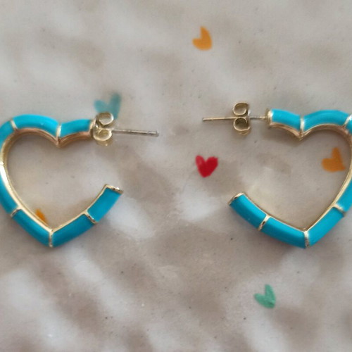 Heart-shaped steel earrings in turquoise and gold color, like new