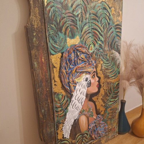 Ethnic mixed media painting on wood panel
