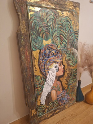 Ethnic mixed media painting on wood panel
