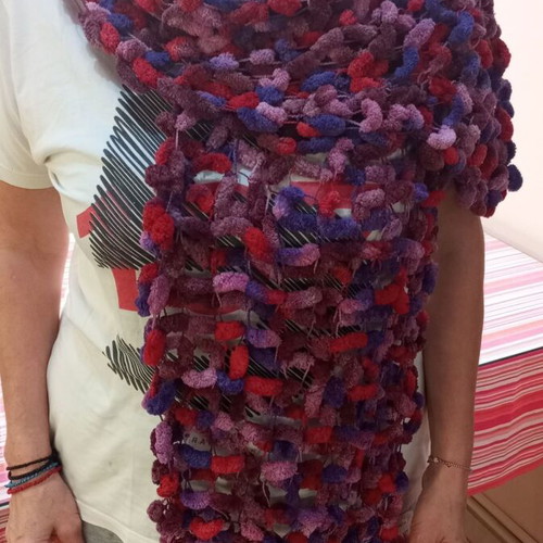 Handmade knitted scarf new with tassels in red and purple tones