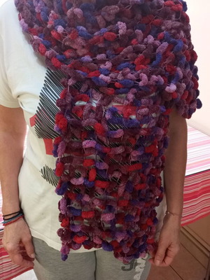 Handmade knitted scarf new with tassels in red and purple tones