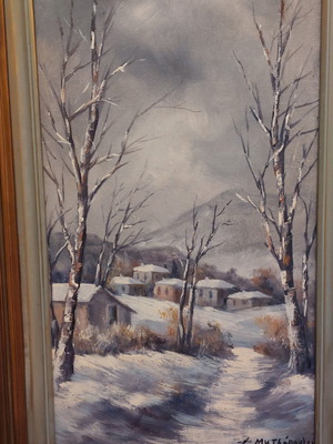 Oil painting by Panos Mitsopoulos snowy landscape 78x49