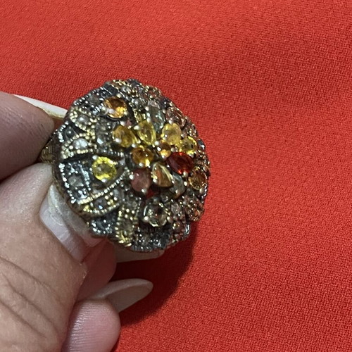 925 silver and 9K gold ring with diamonds and semi-precious stones, size 57