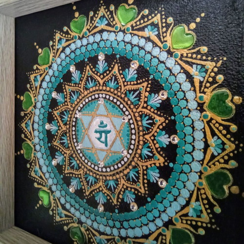 Therapeutic Anahata mandala canvas painting new, hand-painted