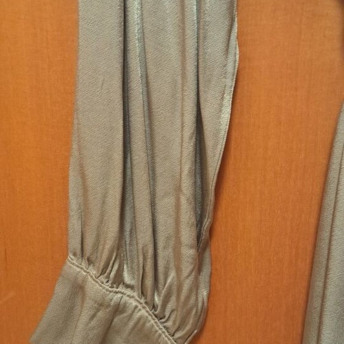 Satin dress new, beige, long sleeve with one shoulder exposed