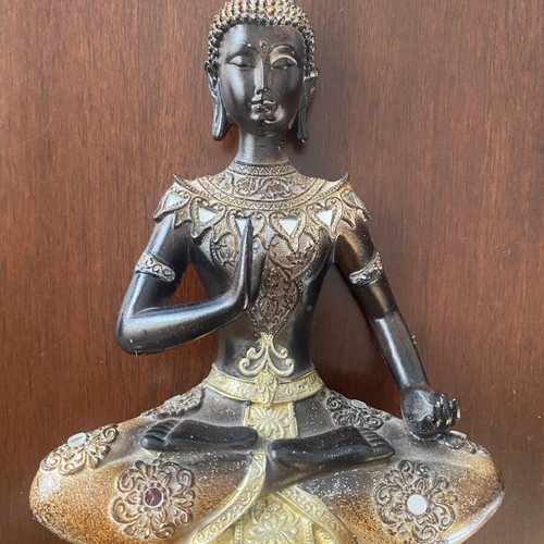 Brown decorative Buddha statue in meditation pose with gold details new