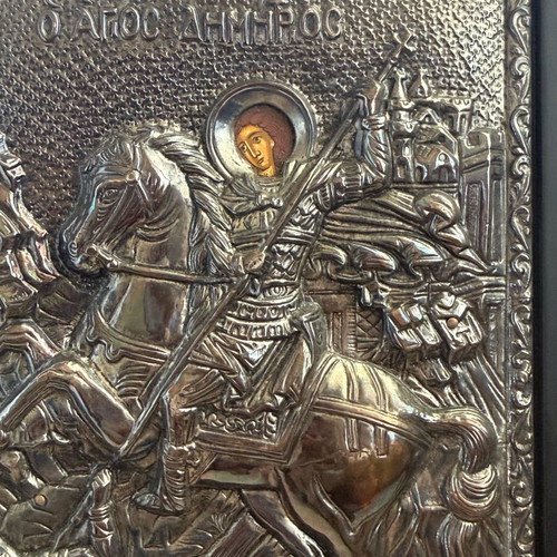 Silver icon of Saint Demetrios like new, Byzantine art