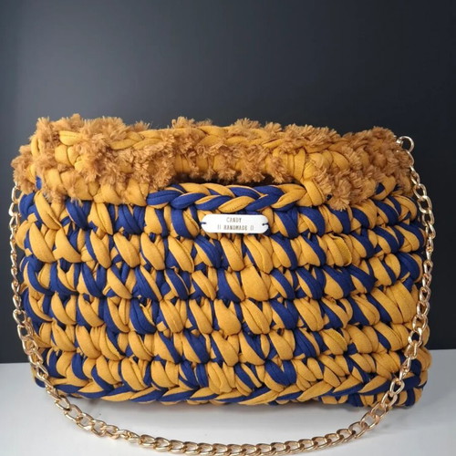 Handmade shoulder bag new, textile yarn with gold chain, blue