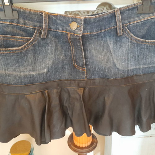 Cinema denim skirt and vest set with genuine leather like new